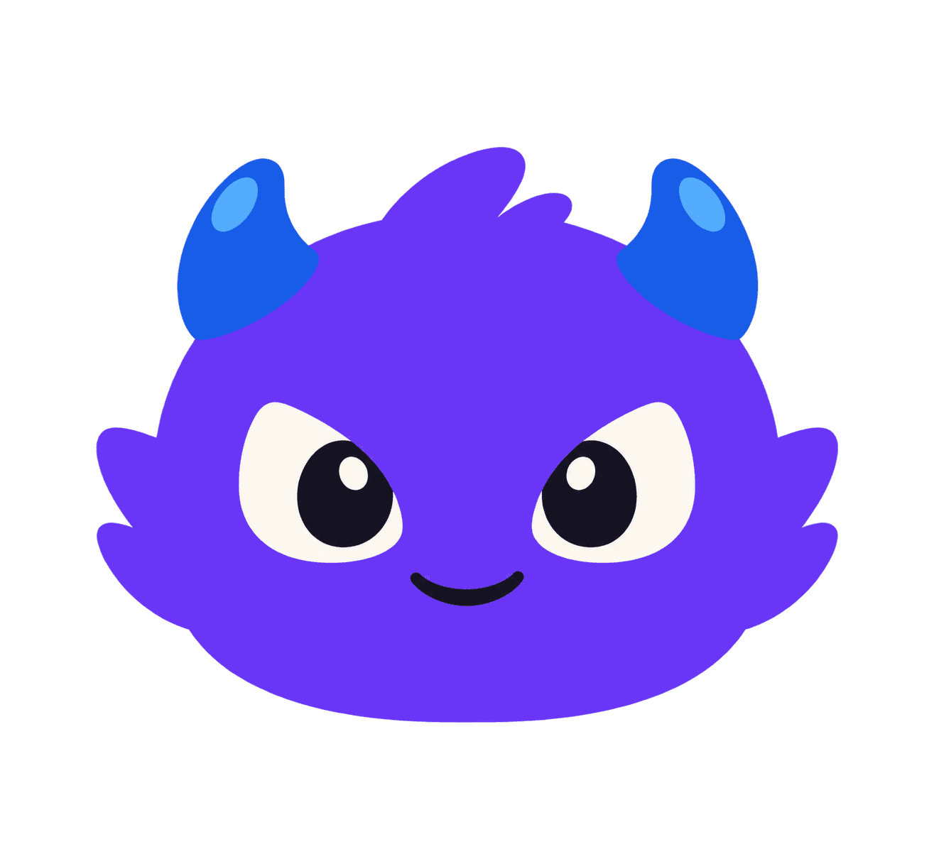 Friendly violet monster with electric-blue horns and a small smile.